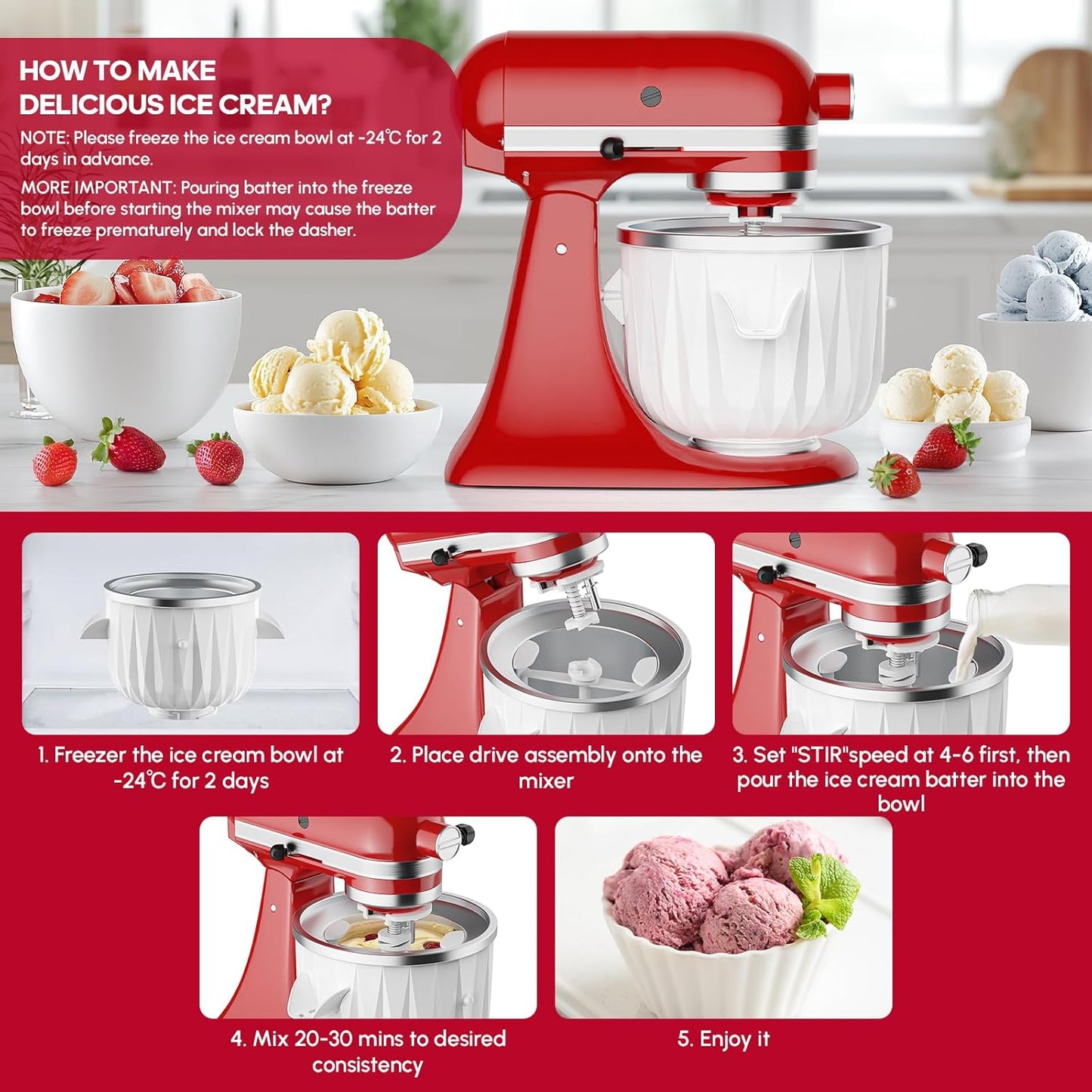 InnoMoon Ice Cream Maker Attachment for KitchenAid Stand Mixer, Compatible for Kitchenaid 4.5QT/5QT/6QT/7QT Stand Mixer, 2-Quart Frozen Yogurt, Sorbet Gelato Maker, Kitchen aid Ice Cream Maker(White)