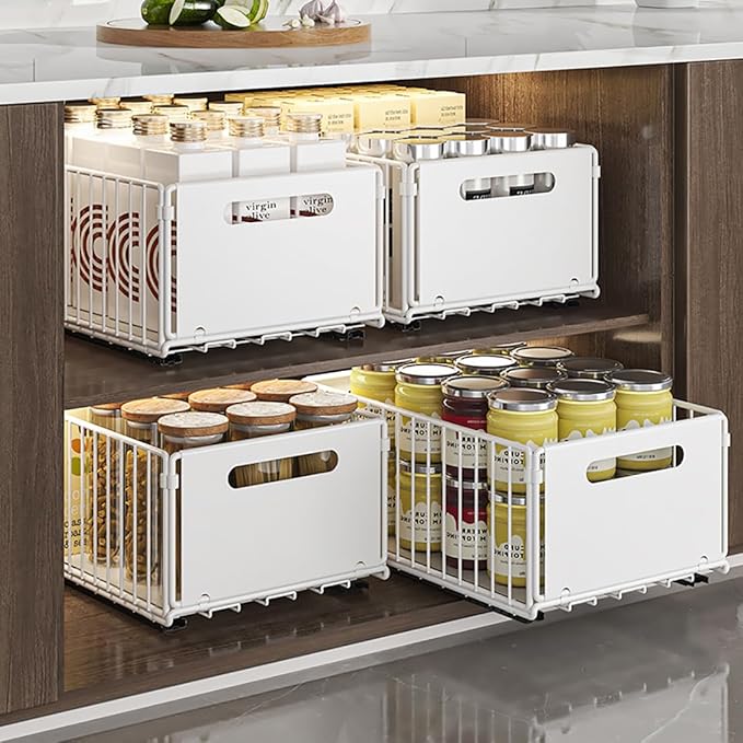 Pull Out Cabinet Organizer Slide Out Drawer Storage Shelves Cupboard Organiser Sliding Cabinet Basket for Kitchen No Drilling and Nailing (White, 2Piece 9.8" W X 15" D X 3.9" H)