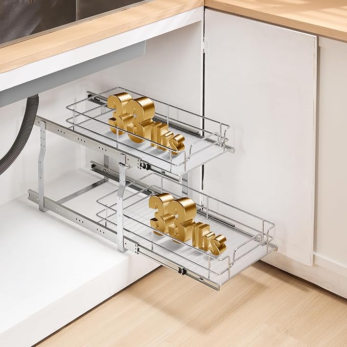 VEVOR Pull Out Cabinet Organizer, 12"W x 21"D Heavy Duty Slide Out Pantry Shelves, Chrome-Plated Steel Roll Out Drawers, Sliding Drawer Storage for Home, Inside Kitchen Cabinet, Bathroom, Under Sink