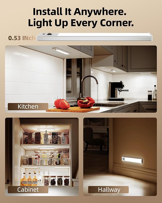 EZVALO 3 Pack Under Cabinet Lighting, 2400mAh Rechargeable Motion Sensor Light, 10inch Magnetic Closet Lights with Dimmable & 3 Color Temps, Wireless Motion Activated Lights with Remote for Kitchen