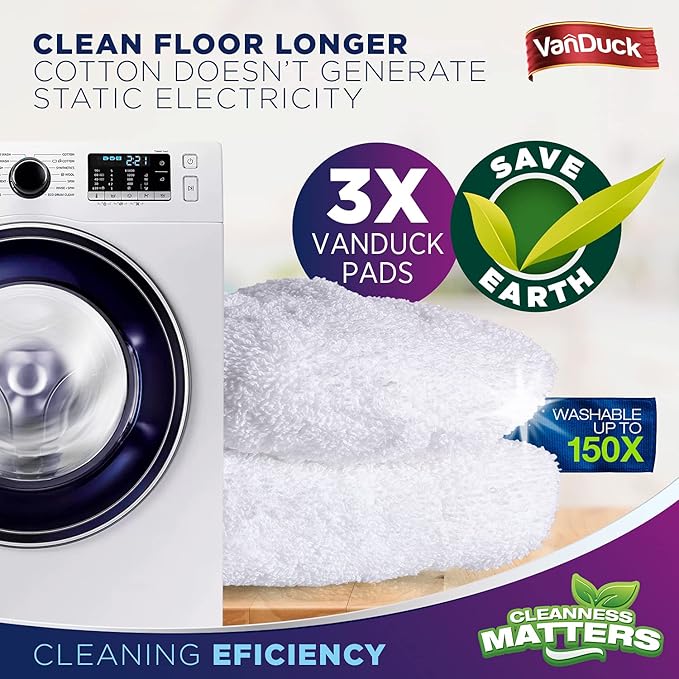 VanDuck 100% Cotton Terry Mop Pads 15x8 Inches 3-Pack, Terry Cloth Mop Covers (Handle is Not Included)