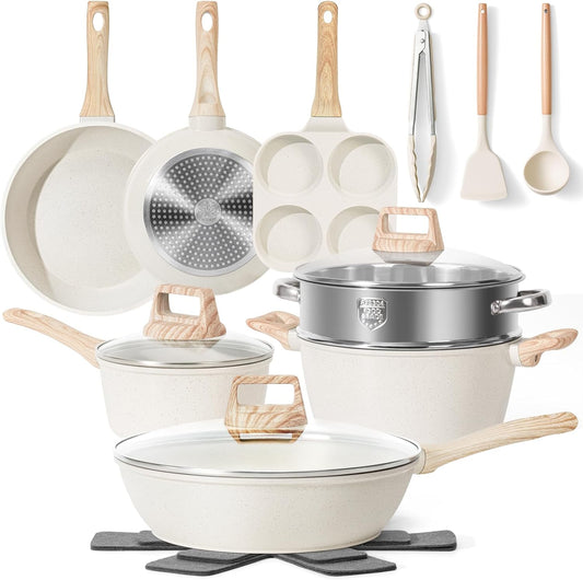 17 Pcs Pots and Pans Set Non stick，Cookware Sets White Granite Induction Cookware, Non-toxic Healthy Non Stick Kitchen Cooking Set with Frying Pans Set, Saucepans (PFAS, PFOA, PFOS Free) White