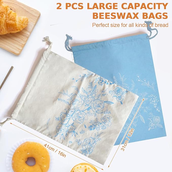 2 Pack Sourdough Bread Bags with Foodgrade TPU Lining, Linen Bread Bags for Homemade Breads, 16x12" Reusable Canvas Breads Bag with Drawstring Natural Large Storage for Fresh Keeping Loaf