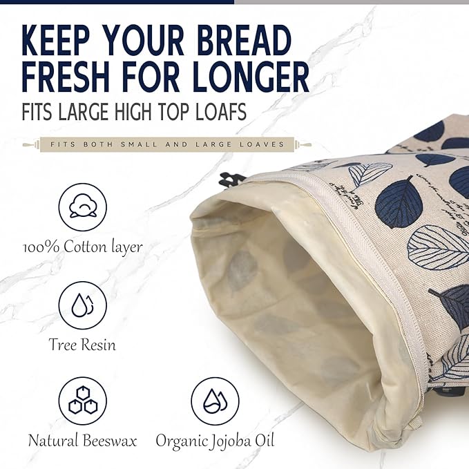 Beeswax Bread Bags for Homemade Sourdough with Zipper, 2 Pack Reusable Large Sourdough Bread Bags Baking Supplies, Food Storage Bag