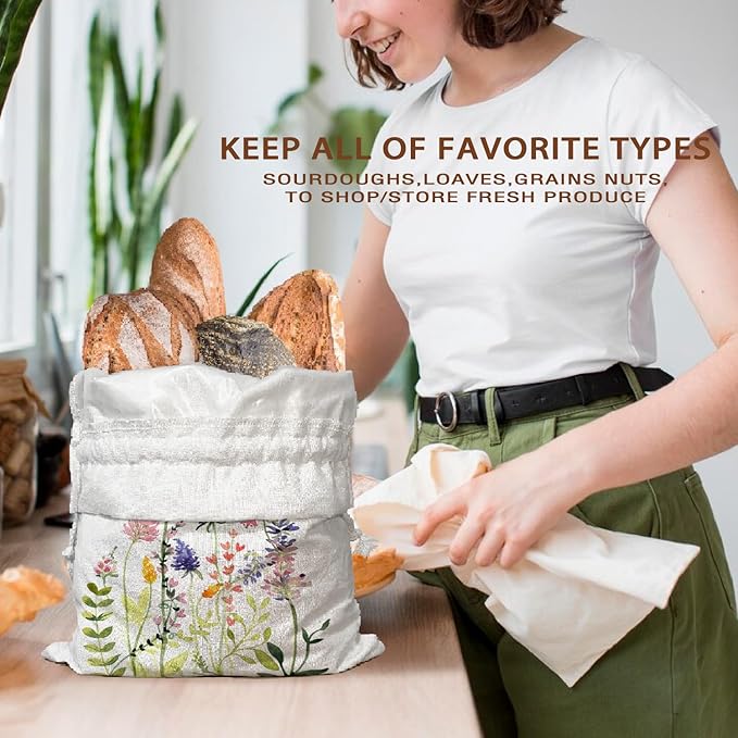 Beeswax Linen Bread Bags for Sourdough, Floral Linen Reusable Bread Bag for Sourdough Homemade Bread 2Pcs, Flower Storage Bread Box for Baker Kitchen Baking Gifts for Women 16.5x12