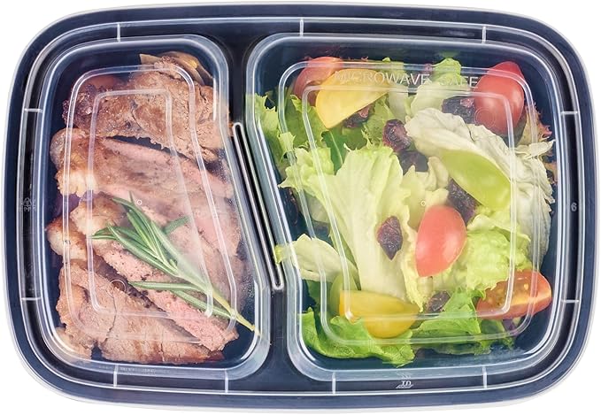 Restaurantware Asporto 32 Ounce Compartment Take Out Boxes, 50 Microwavable Meal Prep Containers - 2 Compartments, With Clear Plastic Lids, Black Plastic Food Containers, Do Not Contain BPA