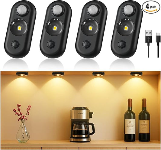 LED Motion Sensor Puck Lights, Small Rechargeable Under Cabinet Light, Dimmable Warm White Closet Lights, Wireless Under Cabinet Lighting for Drawer, Kitchen (4 Pack)