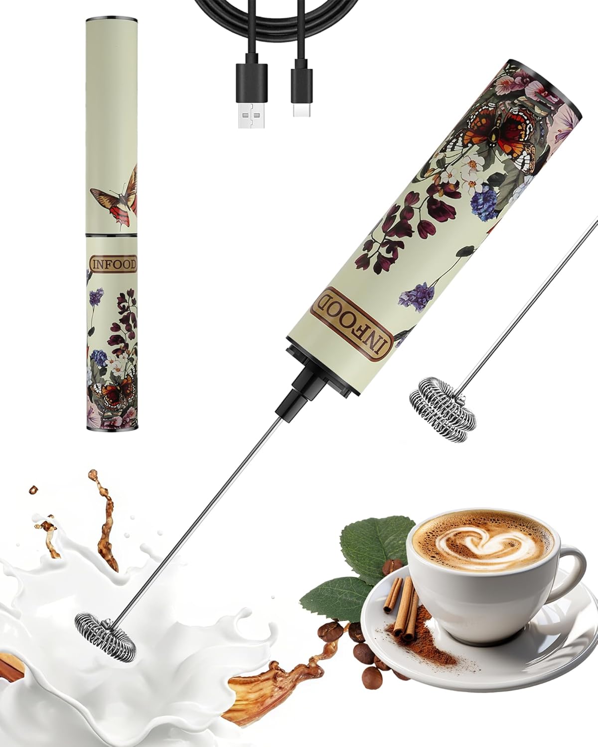 Milk Frother Rechargeable with Cover - Coffee Frother Wand, Drink Mixer Handheld with 2 Detachable Stainless Whisks 2 Speed Adjustable for Latte, Cappuccino, Hot Chocolate, Egg, Vintage Floral