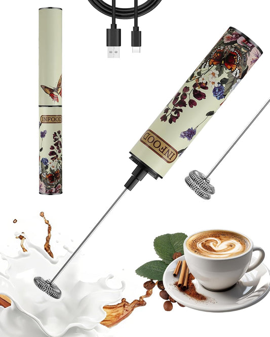 Milk Frother Rechargeable with Cover - Coffee Frother Wand, Drink Mixer Handheld with 2 Detachable Stainless Whisks 2 Speed Adjustable for Latte, Cappuccino, Hot Chocolate, Egg, Vintage Floral