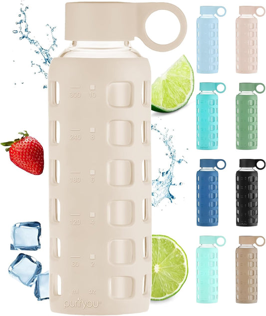 purifyou 40oz / 32oz / 22oz / 12oz Borosilicate Glass Water Bottle with Time & Volume Markers, Silicone Sleeve, Stainless Steel Lid – Reusable Glass Bottle for Water & Juice (12oz Pearled Ivory)