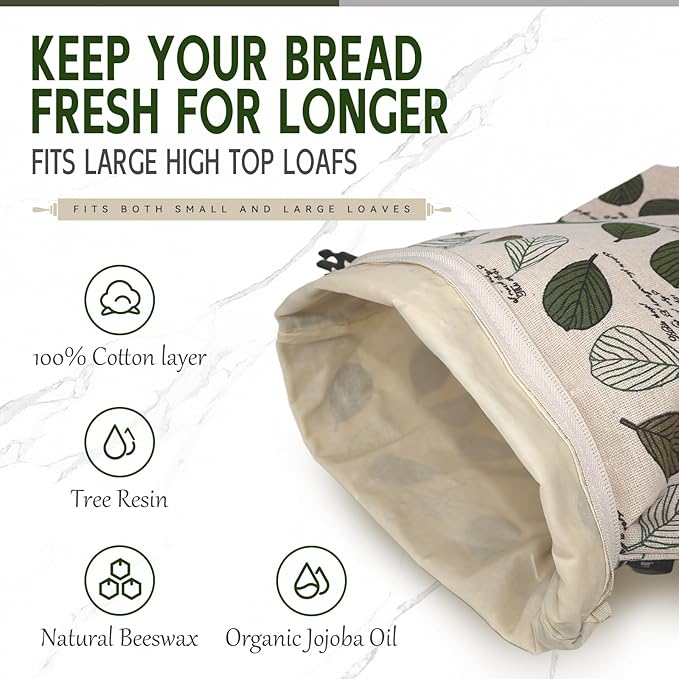 Beeswax Bread Bags for Homemade Sourdough, Sourdough Bread Bag with Zipper, 2 Pack Cotton Large Food Storage Bags to Keep Fresh