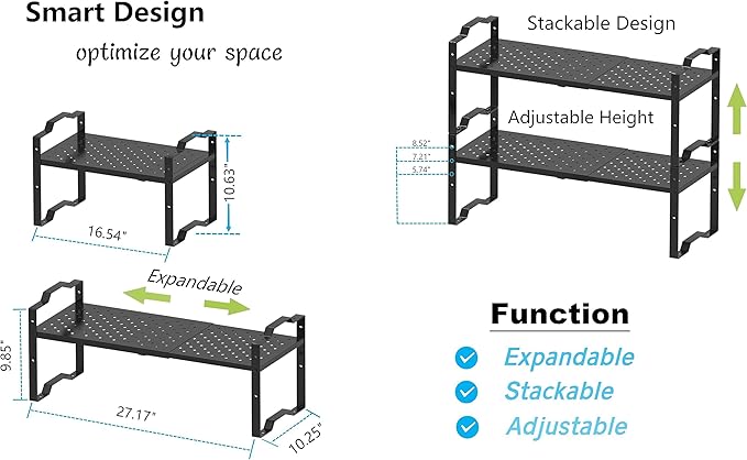 Expandable Shelf Cabinet Organizer Adjustable Stackable Spice Rack at Kitchen Bathroom More, Countertop Cupboard Organization Pantry Storage,Metal Plate with Hole (3 Packs/Black, L)