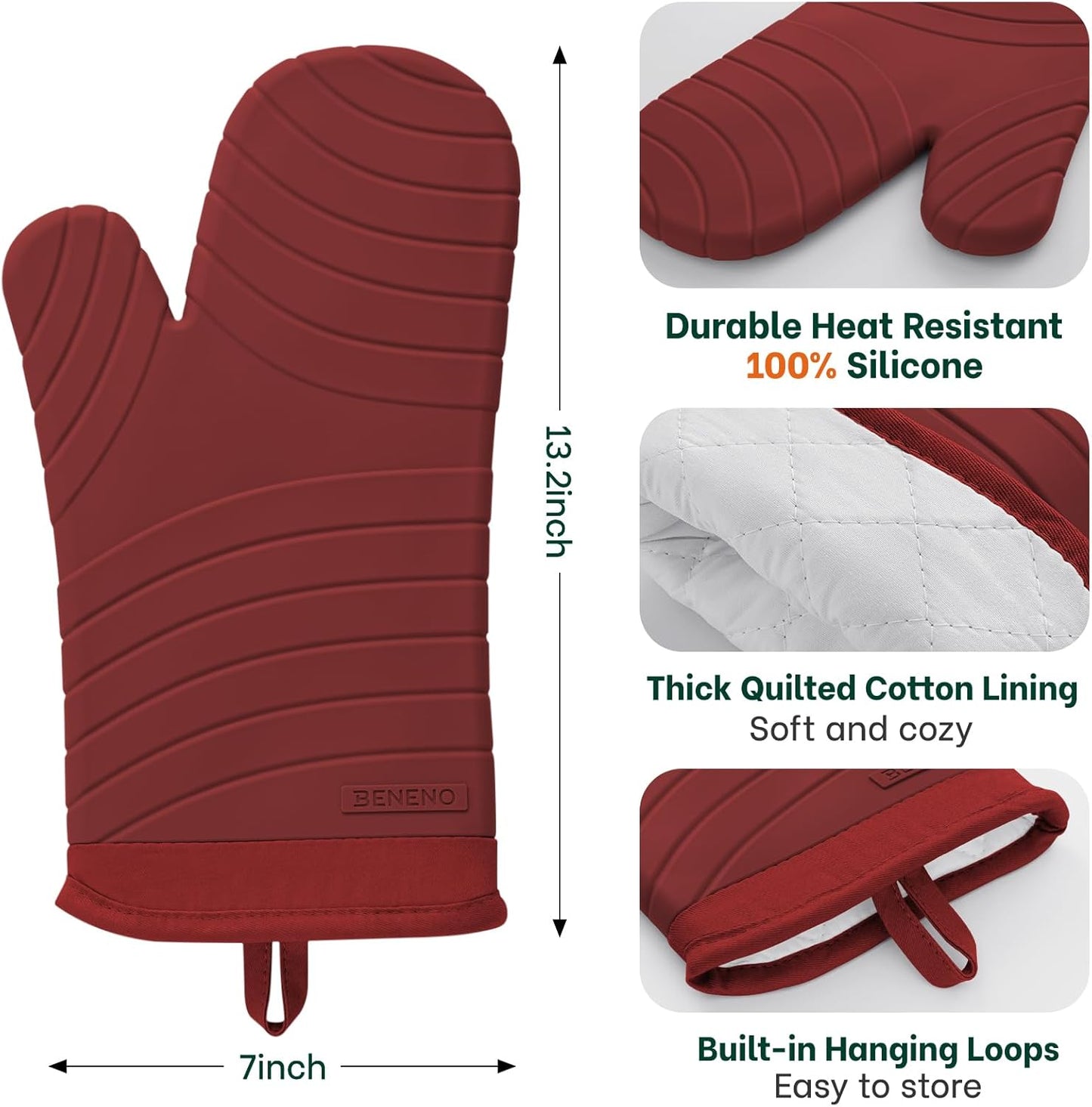 Beneno BPA-Free Silicone Oven Mitts, Heat Resistant Waterproof Oven Mitts with Non-Slip Textured Grip, Comfortable Quilted Lining, Kitchen Pot Holders for Cooking, Baking, Grilling, 7"x13", 2Pcs Red