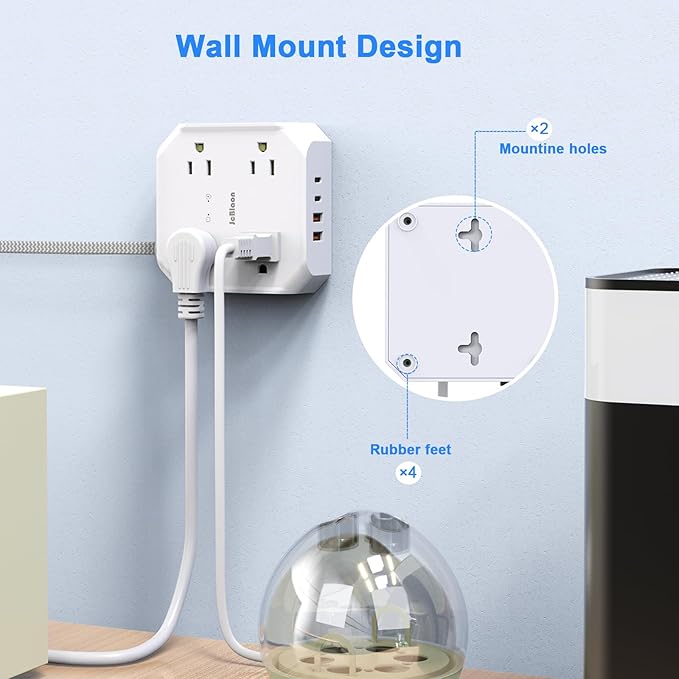 Surge Protector Flat Plug Power Strip, 10Ft Extension Cord with Multiple Outlets, 8 Outlet Splitter with 4 USB(2 USB C) Ports, Desk Charging Station for Home, Office, College, Dorm Room Essentials