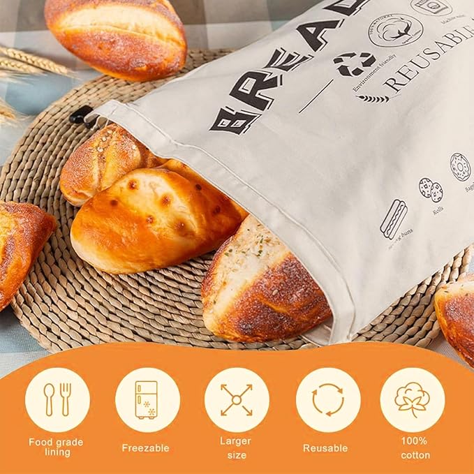 2 Pack Reusable Beeswax Bread Bags, 17 x 12 Inch Natural Cotton Reusable Bread Bags, Large Capacity Snap-on Beeswax Bread Storage Bags, Food Storage Cloth Bags, Freezer Safe