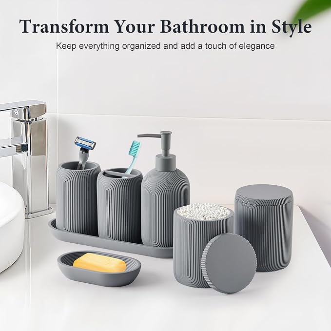Bathroom Accessories Set - 7-Piece Resin Bathroom Set, Toothbrush Holders Set, Soap Dispenser, Qtip Holder Dispenser, Tumbler, Soap Dish & Tray, Modern Bath Decor for Home Dorm Hotel (Grey)