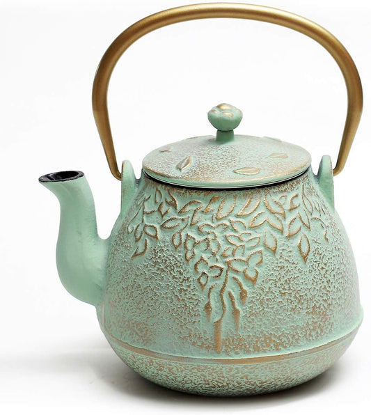 Toptier Tea Kettle for Stove Top, Cast Iron Teapot Stovetop Safe with Infusers for Loose Tea, 54 oz, Light Green