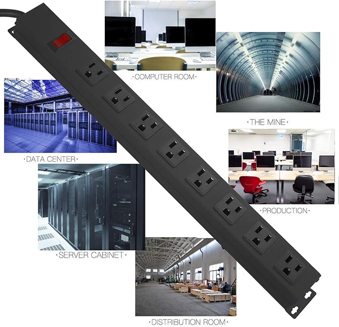 Metal 8 Outlet Mountable Power Strip, Wall Mount Outlet Heavy Duty, Wide Spaced Commercial Shop Power Strip with Switch, 3 FT SJT 14AWG Power Cord.(3FT)