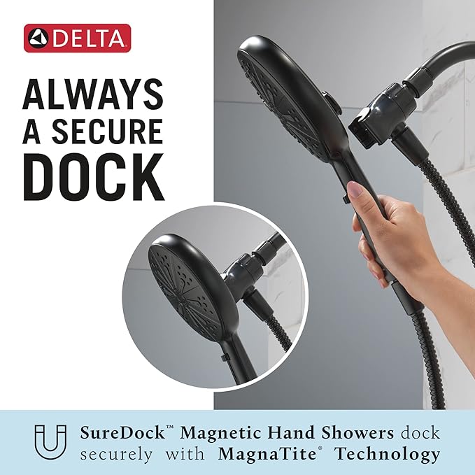 Delta Faucet 6-Spray SureDock Magnetic Shower Head with Handheld Spray, Black Shower Head with Hose, Showerheads & Handheld Showers, Handheld Shower Heads, Hand Shower, Matte Black 75613-BL