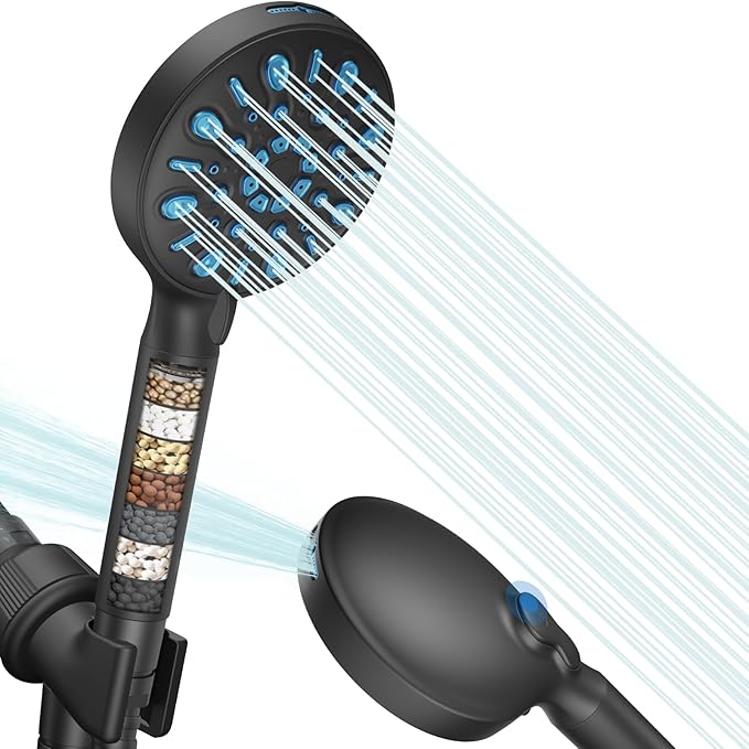 VXV Filtered Shower Head, 8 Modes High Pressure Shower Head with Handheld, 5" Showerhead Built in Power Wash for Clean, Remove Chlorine & Hard Water, with 71" Shower Hose & Shower Bracket(Matte Black)