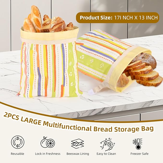XL Beeswax Bread Bag 2-Pack for Sourdough & Homemade Bread | Reusable Cotton Linen Food Storage with Natural Beeswax Lining | Keeps Fresh, Easy to Clean (17x13 Inches)
