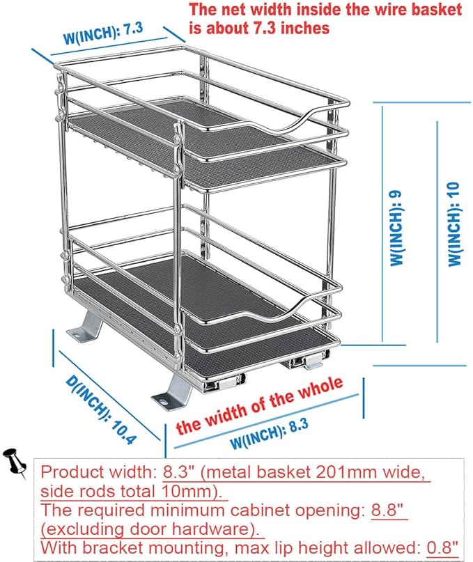 OCG 2 Tier Pull Out Spice Rack Organizer（8.3" W x 10.4" D） for Cabinet, Slide Out Seasoning Organizer Fits Spices, Sauces, Cans etc