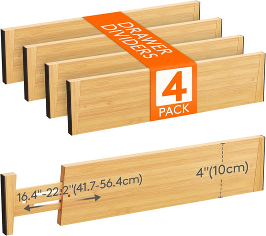 Lifewit 4 Pack Drawer Dividers Bamboo 4" High, 16-22" Adjustable Drawer Organizers for Clothes, Expandable Dresser Separators in Bedroom/Bathroom/Kitchen/Fridge/Office Organization and Storage
