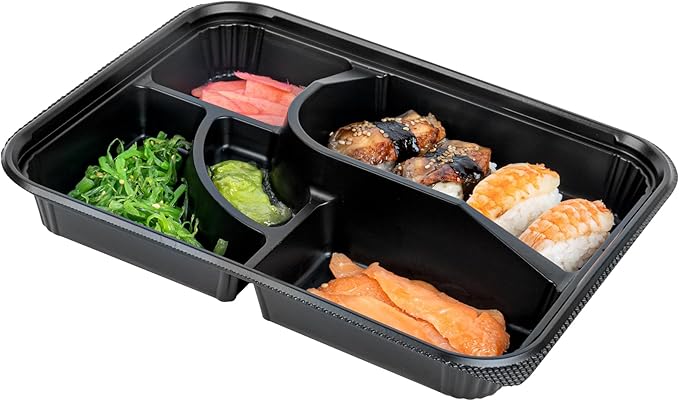 Restaurantware-Bento Tek 26.2 Ounce Meal Prep Containers, 50 Disposable To Go Food Boxes - Lids Sold Separately, 5 Compartments, Black Plastic Bento Lunch Boxes, Microwavable, Freezable