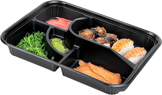 Restaurantware-Bento Tek 26.2 Ounce Meal Prep Containers, 100 Disposable To Go Food Boxes - Lids Sold Separately, 5 Compartments, Black Plastic Bento Lunch Boxes, Microwavable, Freezable