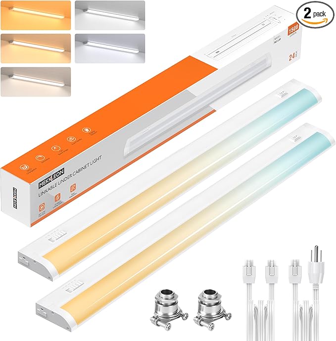 24inch Linkable Under Cabinet Lighting Hardwired Plug-in, Wired led Under Cabinet Lights with 5 CCT (2700/3000/3500/4000/5000) & Dimmable, Under Counter Lights for Kitchen, 15W, 1500LM, 2 Pack