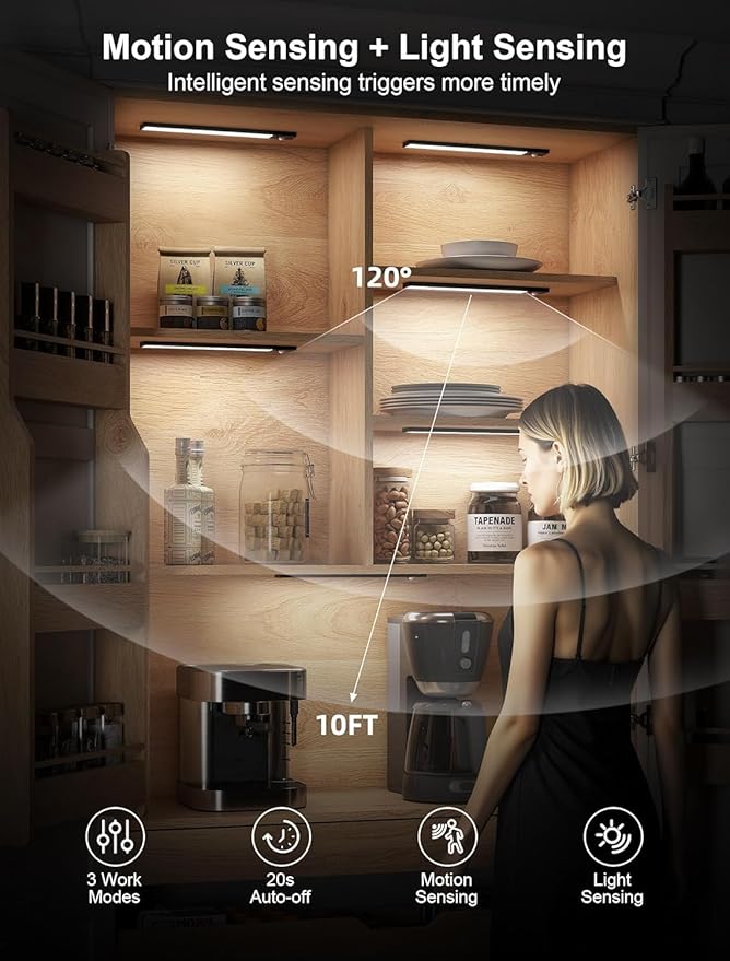 8 Pack Under Cabinet Lights, Rechargeable Motion Sensor Light Indoor, LED Closet Lights Wireless, 3 Color Dimmable Under Cabinet Lighting, Magnetic, Closet Light with Remote Control for Kitchen
