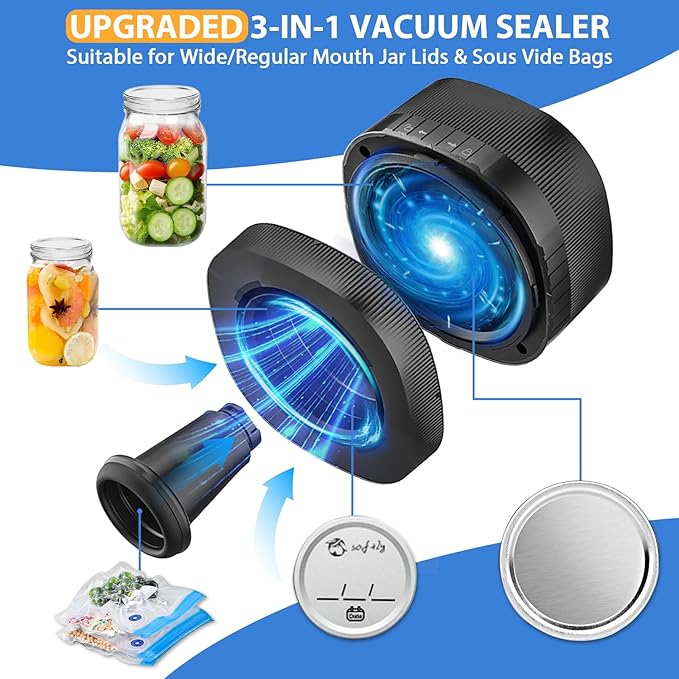 Yoobao Mason Jar Vacuum Sealer, 3 in 1 Electric Jar Sealer Kit for Regular or Wide Mouth Mason Jars, Vacuum Seal Bag, 10 Lids, Can Opener, Automatic Canning Sealing Machine for Food Storage