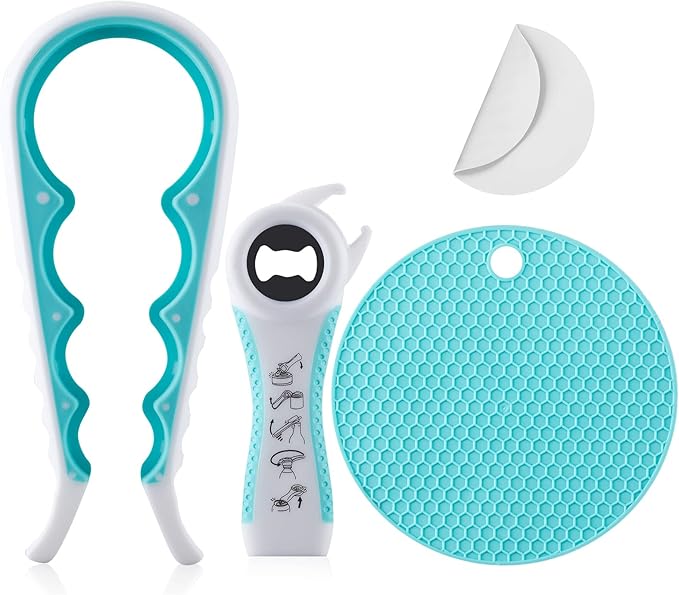 Jar Bottle Opener for Weak Hands,4 &5 in 1 Multi Function Non-Slip Can Lid Opener Tools with Silicone Jar Gripper Pad,Suitable for Seniors,Children and Arthritic Hands (Lake Green)