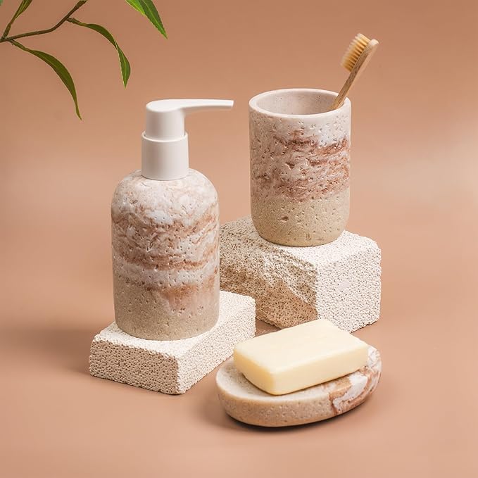 Bathroom Accessories Set, 3 Pcs Decorative Bathroom Essentials with Lotion Soap Dispenser, Toothbrush Holder, Soap Dish, Bathroom Sink Set for Home Bathroom Decor, Housewarming Gift Bathroom Accessory