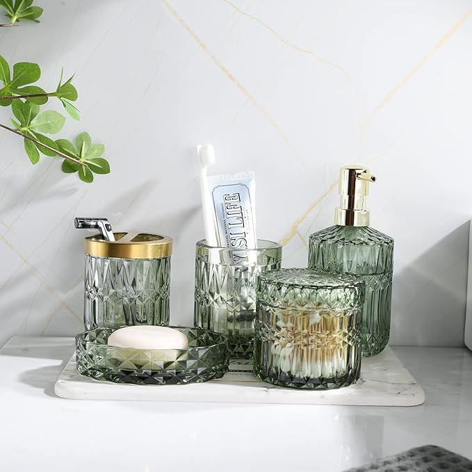 Green Bathroom Accessories Set, 5Pcs Clear Glass Bathroom Accessories, Hand Soap Dispenser, Soap Dish, Toothbrush Holder Set, Tumbler, Qtips Holder for Modern Crystal Bath Countertop Decor