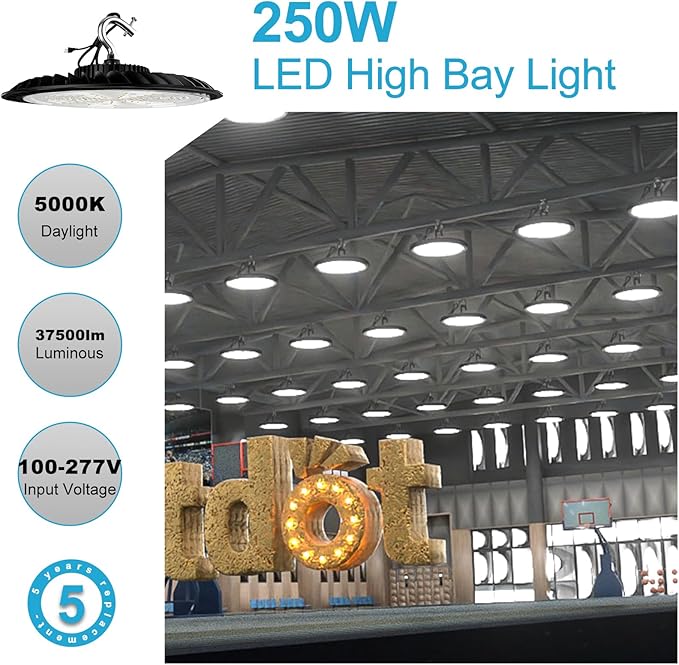 250W High Bay LED Light 37500LM UFO Commercial Lighting 5000K Daylight High Bay Shop Light AC100-277V for Warehouse Barn(Installation Height at Least 20FT)- 2Pack 𝟓𝐘𝐫𝐬 𝐖𝐚𝐫𝐫𝐚𝐧𝐭𝐲