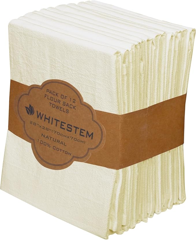 Flour Sack Towels |TeaTowel for Crafts| Kitchen |Dish |Cotton Blank Towel for Embroidery|Baking Bread Proofing Linen Cover Diamond Crinkle|Thick Absorbent Quick Dry |12 Pack 18"x28" Natural