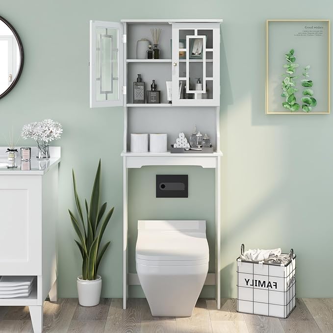COSTWAY Over The Toilet Storage Cabinet, Bathroom Shelf Over Toilet, Double Door Bathroom Storage Cabinet Organizer with Adjustable Shelf, Open Shelf (White)