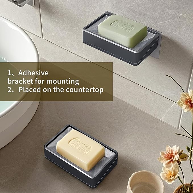 Soap Dish Tray with Drain, Stainless Steel Soap Bar Holder for Bathroom Shower Kitchen Sink, Double Layer Draining Soap Container Box with Suction Cups