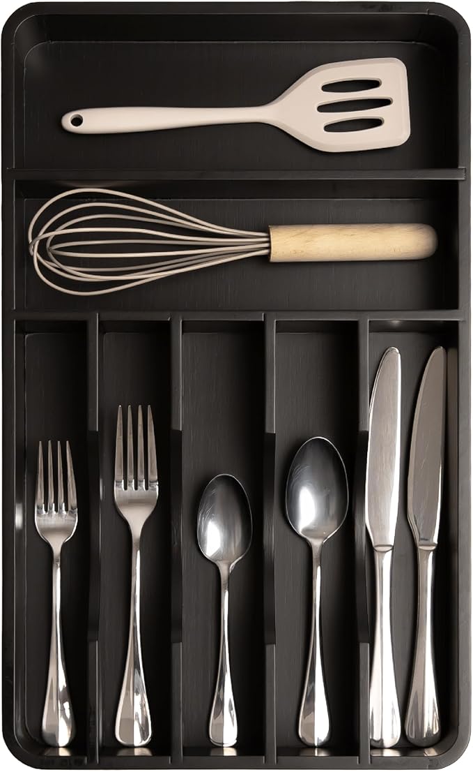 Silverware Organizer - Cutlery, Flatware, and Utensil Holder for Kitchen Drawers, Fixed 10.5” Width, 7 Storage Compartments, Non-Slip Feet, Rounded Corners, 100% Bamboo, Black Finish