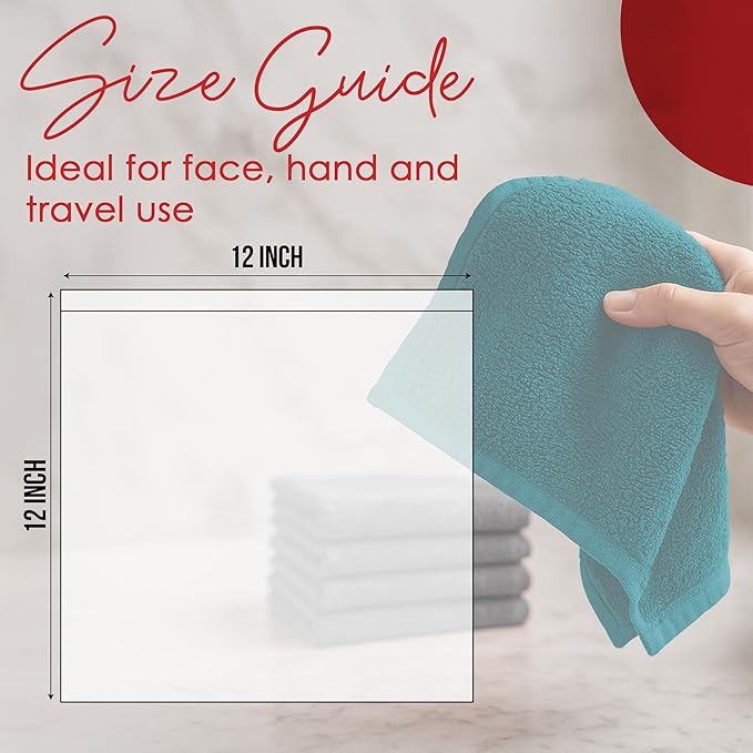 RIVERSIDE 24 Pack Washcloths Set - 100% Cotton [12x12 Inches] - Soft, Quick-Dry & Highly Absorbent Face Towels - Perfect for Bathroom, Gym, Hotel, Spa & Travel - Teal