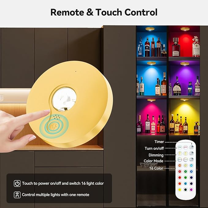 Rechargeable Puck Lights with Remote, 12 Pack Magnetic Under Cabinet Lighting, 1500mAh Battery Operated LED Tap Lights with Dimmer & Timmer for Kitchen, Closet, Shelf - 3 Color Temps & 12 RGB, Gold