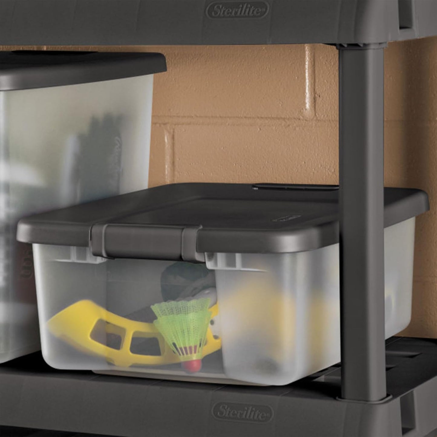Sterilite 6-Pack ShelfTote, Clear Plastic Storage Bins with Lids, 25 Quart, Gray - Stackable Organizing Container Boxes for Closet, Bathroom, and Office