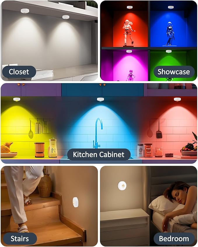 Yiliaw LED Puck Lights with Remote, Magnetic AAA Battery Operated Light, Under Cabinet Lighting, Tap Lights with Dimmer & Timmer for Kitchen, Closet, Shelf - 9 Pack, White