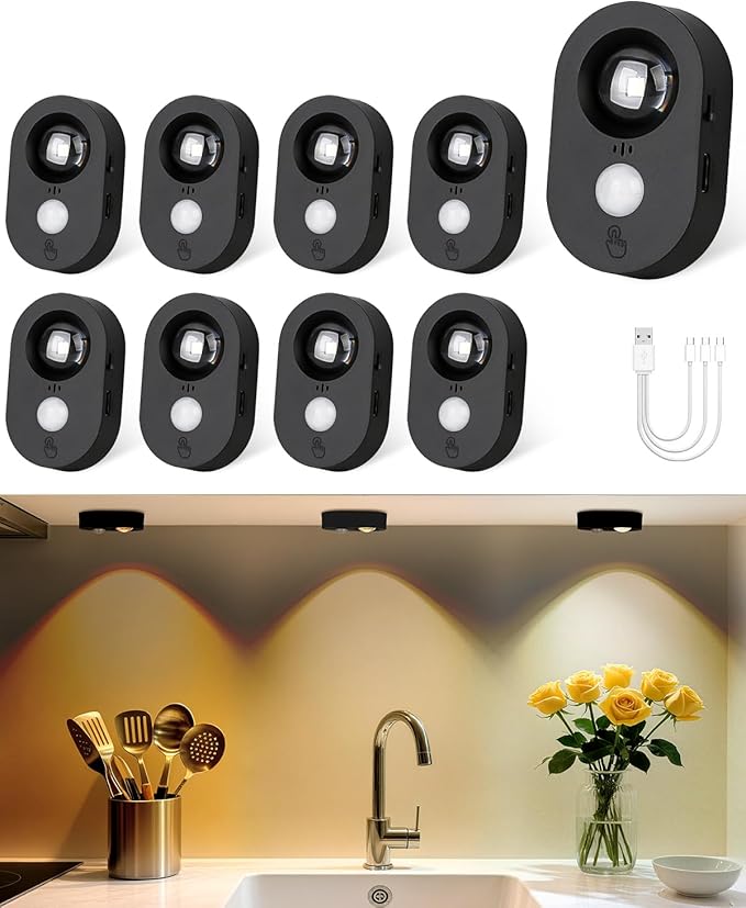 Yiliaw LED Motion Sensor Puck Lights Indoor, Small Rechargeable Under Cabinet Lighting, Dimmable Warm White Closet Lights, Stick on Wireless Night Light for Drawer, Shelf, Kitchen, Black (9 Pack)