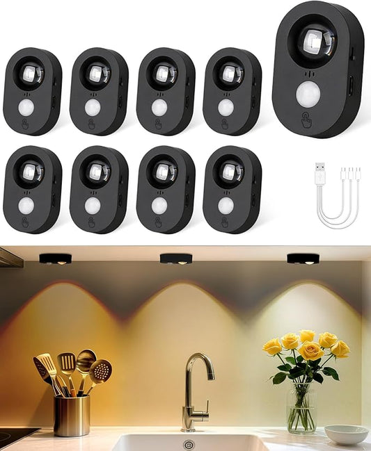 Yiliaw LED Motion Sensor Puck Lights Indoor, Small Rechargeable Under Cabinet Lighting, Dimmable Warm White Closet Lights, Stick on Wireless Night Light for Drawer, Shelf, Kitchen, Black (9 Pack)