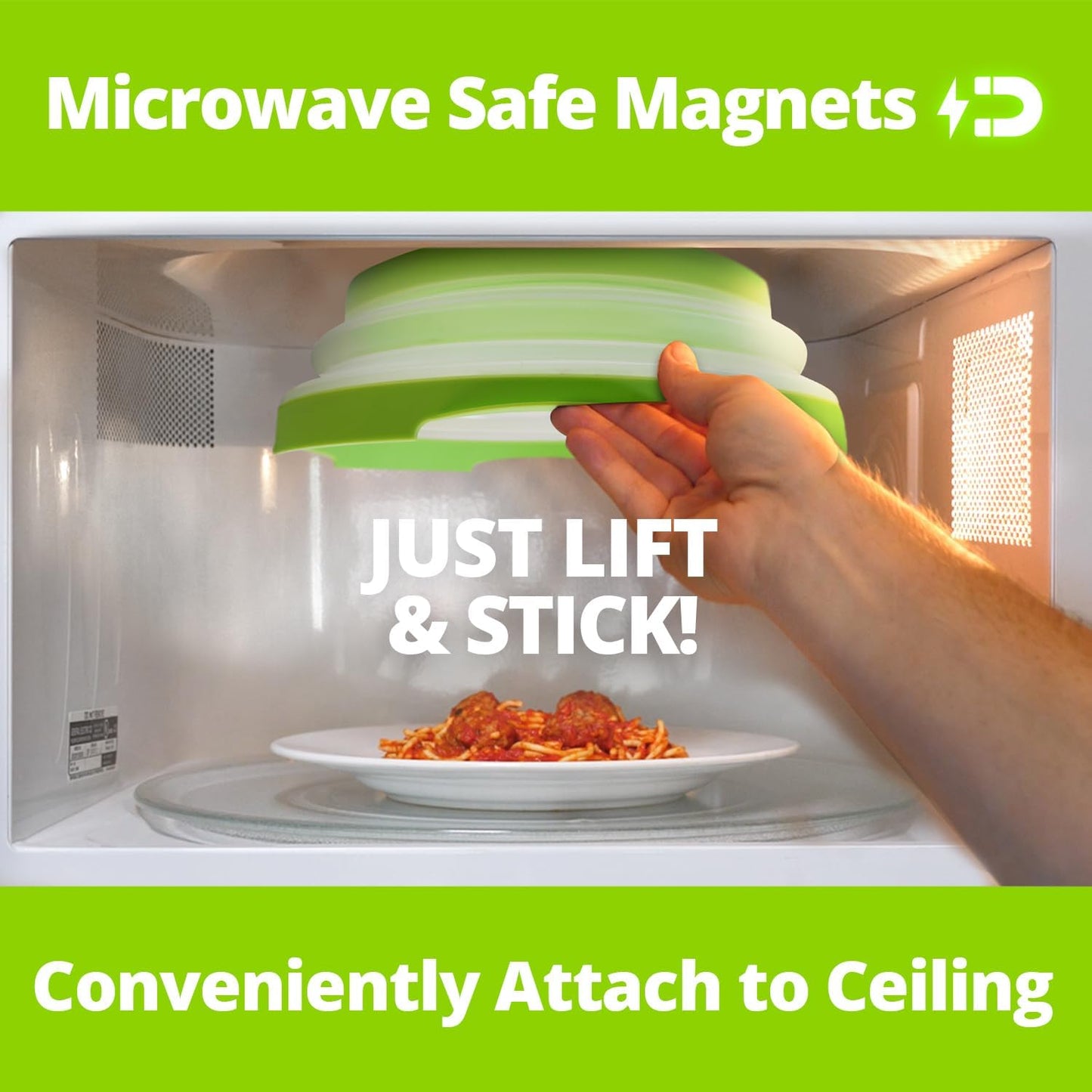 2.0 Magnetic Microwave Splatter Cover, Collapsible 12-Inch BPA-Free Food Lid with Upgraded Magnets, Vented Plate Guard, Dishwasher Safe, Space-Saving Magnetic Storage - Green