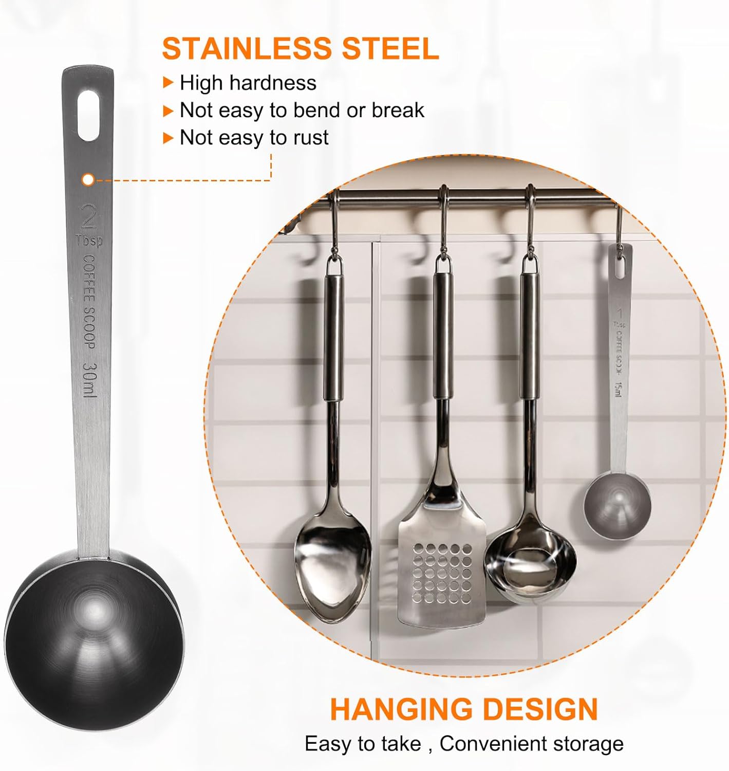 HARFINGTON 2pcs Coffee Scoop Spoon 2tbsp (6tsp, 30ml) 304 Stainless Steel Long Handle Teaspoon/Tablespoon Measuring Spoons Scoops for Tea Sugar Kitchen, Black