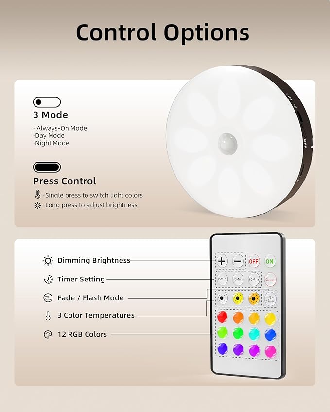 EZVALO Under Cabinet Lighting,1000mAh Rechargeable Puck Lights with Remote,3 Color Temps & 12 RGB Motion Sensor Closet Lights Indoor,Dimmable Under Cabinet Lights for Kitchen,Cabinets,Closet (3 Packs)