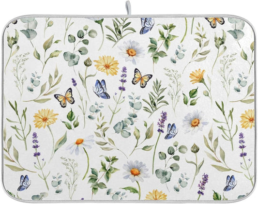 Wildflowers Butterflies Botanical Leaves Dish Drying Mat for Kitchen Counter Absorbent Microfiber Drying Pad, Large 18x24 in, Reversible Drainer Mats